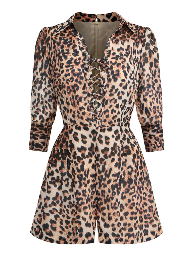 Leopard 1950s Lapel Lace-Up Vintage Romper, vintage romper, retro jumpsuit - perfect for women who love vintage and retro fashion