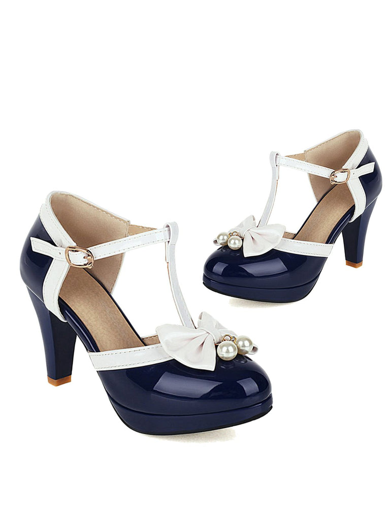 Retro T-Strap Bow High Heel Shoes