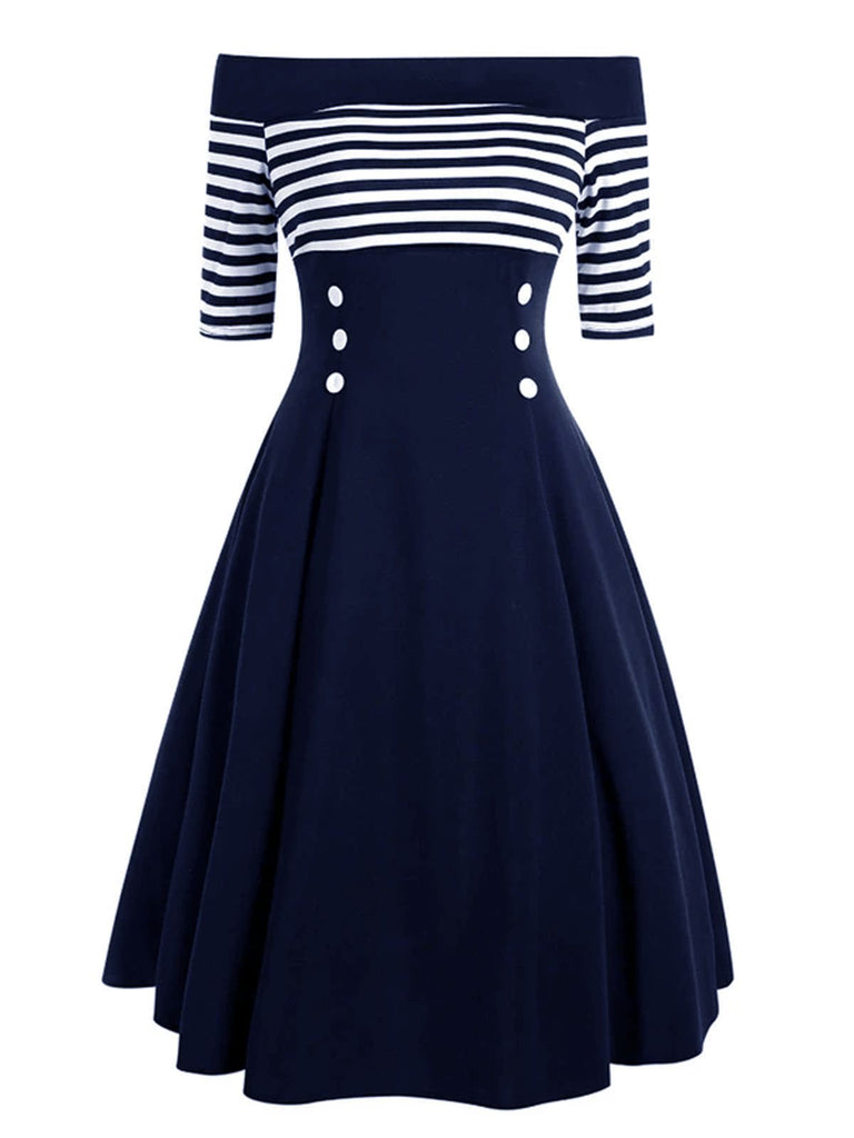 Navy 1950s Off Shoulder Swing Dress, classic 1950s style elegant retro fashion - Image 1