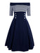 Navy 1950s Off Shoulder Swing Dress, classic 1950s style elegant retro fashion - Image 1