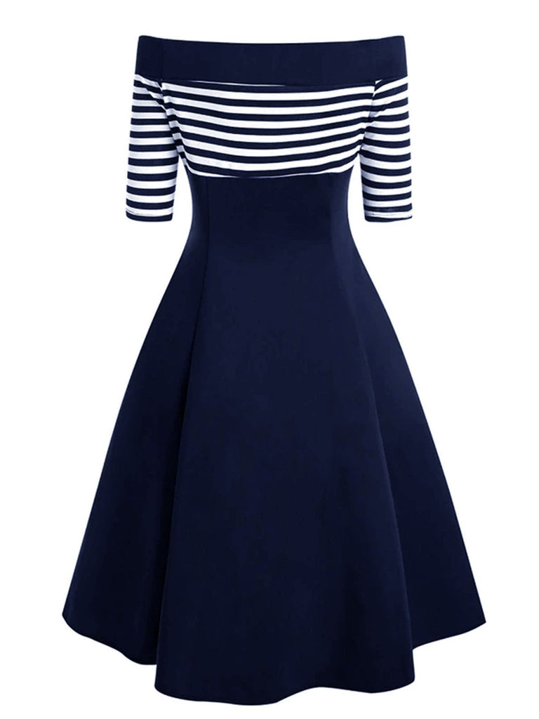 Nautical Off-the-Shoulder Swing Dress | Navy & White Striped Retro Style Nautical Off-the-Shoulder Swing Dress | Navy & White Striped Retro Style