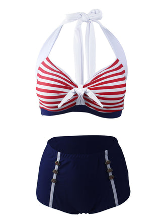 Navy 1950s Stripe Halter Bikini, classic 1950s style summer beach collection - Image 1