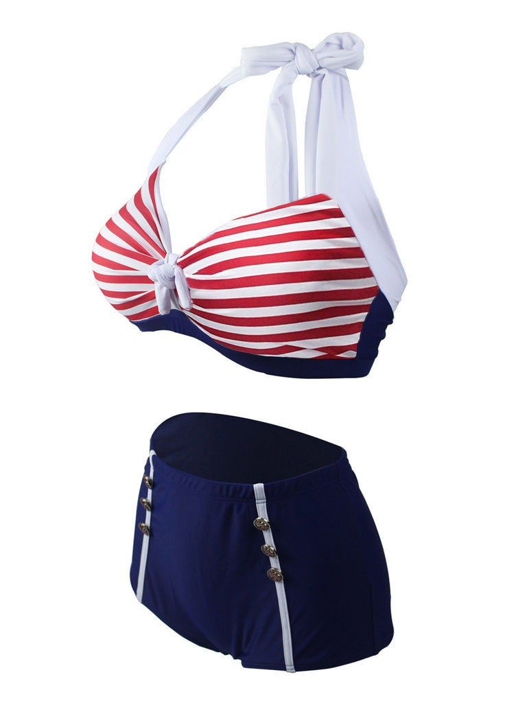 Navy 1950s Stripe Halter Bikini, classic 1950s style summer beach collection - Image 2