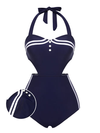 Navy Blue 1930s Halter One-piece Swimsuit: timeless style reimagined