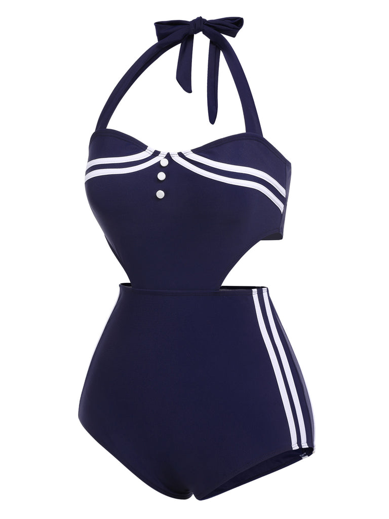 Navy Blue 1930s Halter One-piece Swimsuit: timeless style reimagined