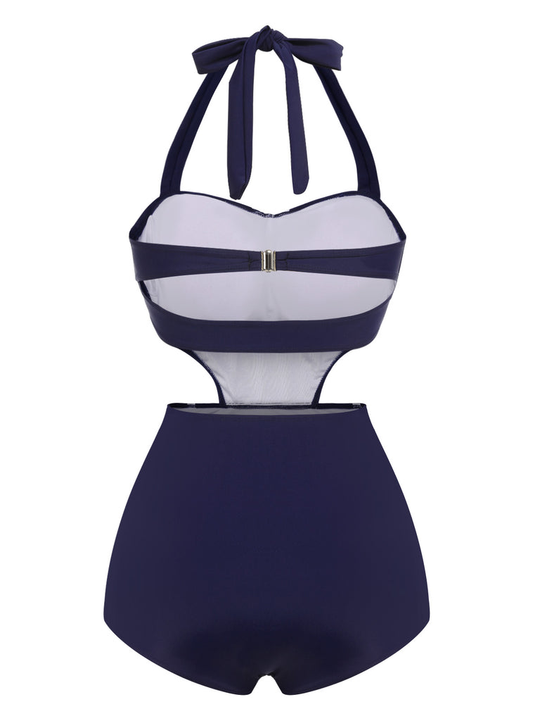 Navy Blue 1930s Halter One-piece Swimsuit — vintage elegance for the modern woman