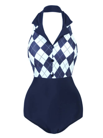 Navy Blue 1930s Halter Plaid One-Piece Swimsuit: timeless style reimagined