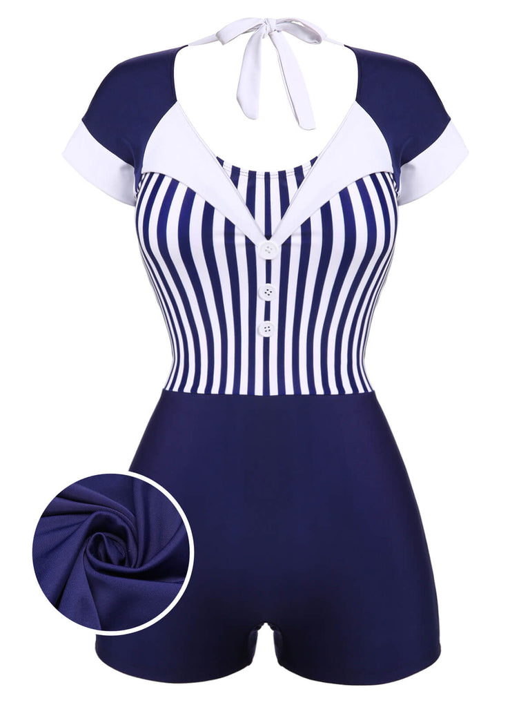 Navy Blue 1930s Stripe Patchwork Swimsuit: timeless style reimagined