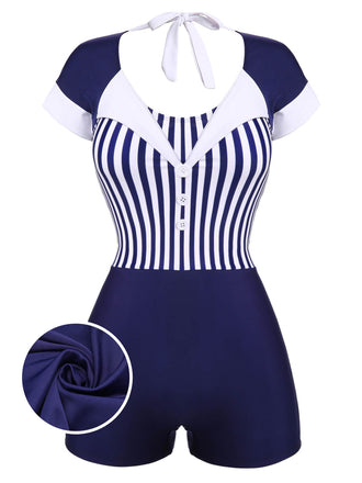 Navy Blue 1930s Stripe Patchwork Swimsuit: timeless style reimagined