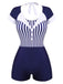 Navy Blue 1930s Stripe Patchwork Swimsuit — vintage elegance for the modern woman