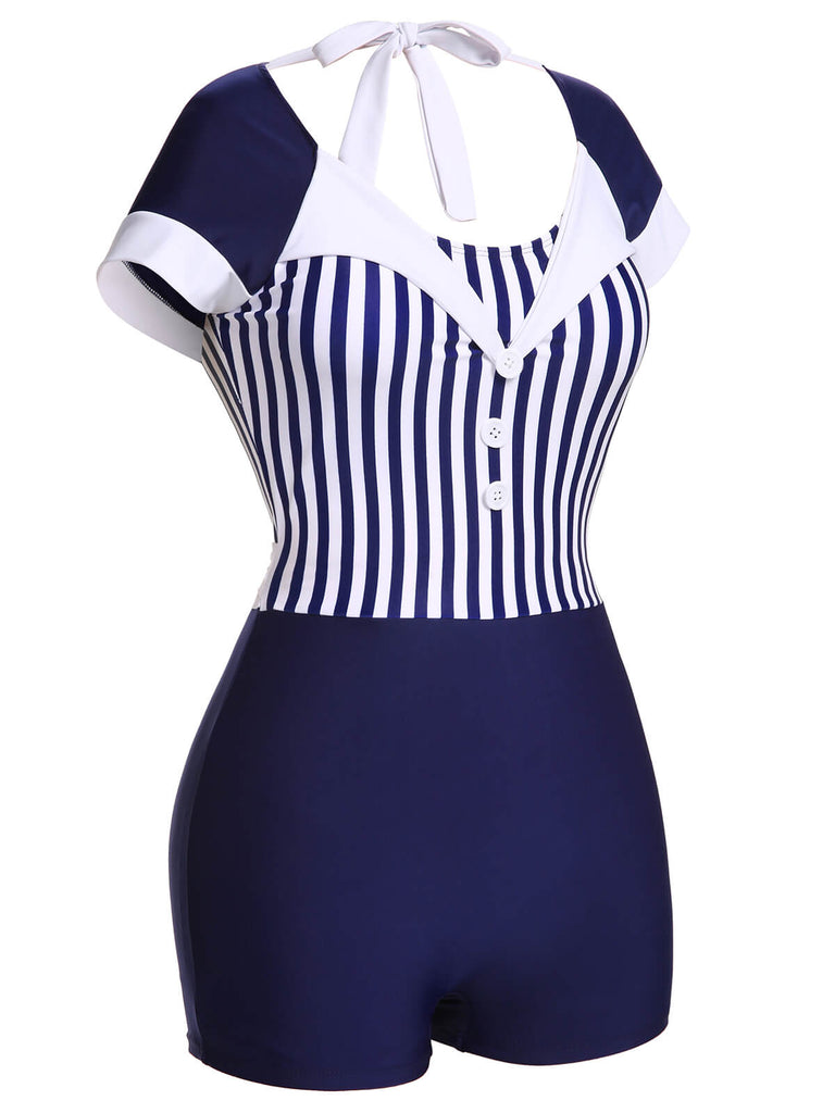 Navy Blue 1930s Stripe Patchwork Swimsuit: timeless style reimagined