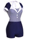 Navy Blue 1930s Stripe Patchwork Swimsuit: timeless style reimagined