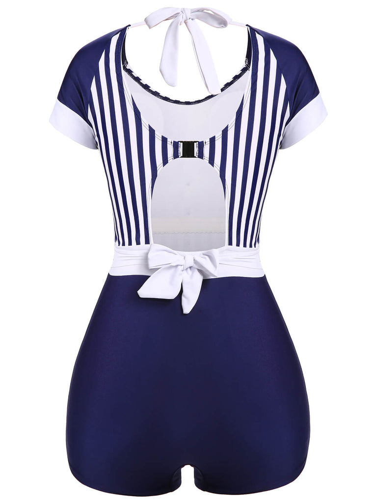 Navy Blue 1930s Stripe Patchwork Swimsuit — vintage elegance for the modern woman