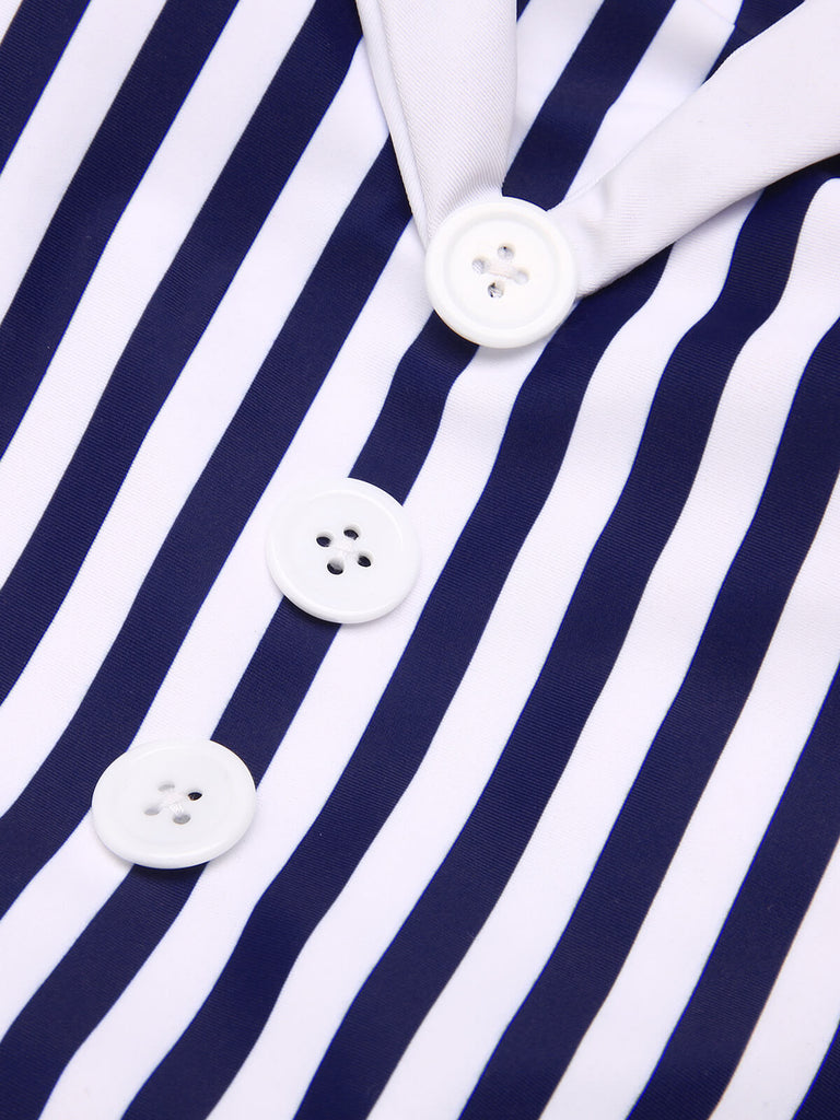 Navy Blue 1930s Stripe Patchwork Swimsuit: timeless style reimagined