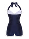 Navy Blue 1950s Pleated Halter Swimsuit, vintage swimsuit, pin-up swimwear - perfect for women who love vintage and retro fashion