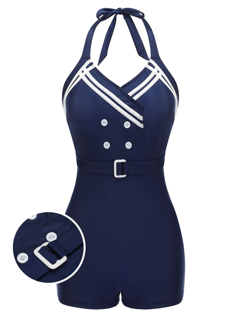 Navy Blue 1950s Solid Belt Button Halter Swimsuit, vintage swimsuit, pin-up swimwear - perfect for women who love vintage and retro fashion