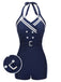 Navy Blue 1950s Solid Belt Button Halter Swimsuit, vintage swimsuit, pin-up swimwear - perfect for women who love vintage and retro fashion