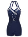 Navy Blue 1950s Solid Belt Button Halter Swimsuit, vintage swimsuit, pin-up swimwear - perfect for women who love vintage and retro fashion