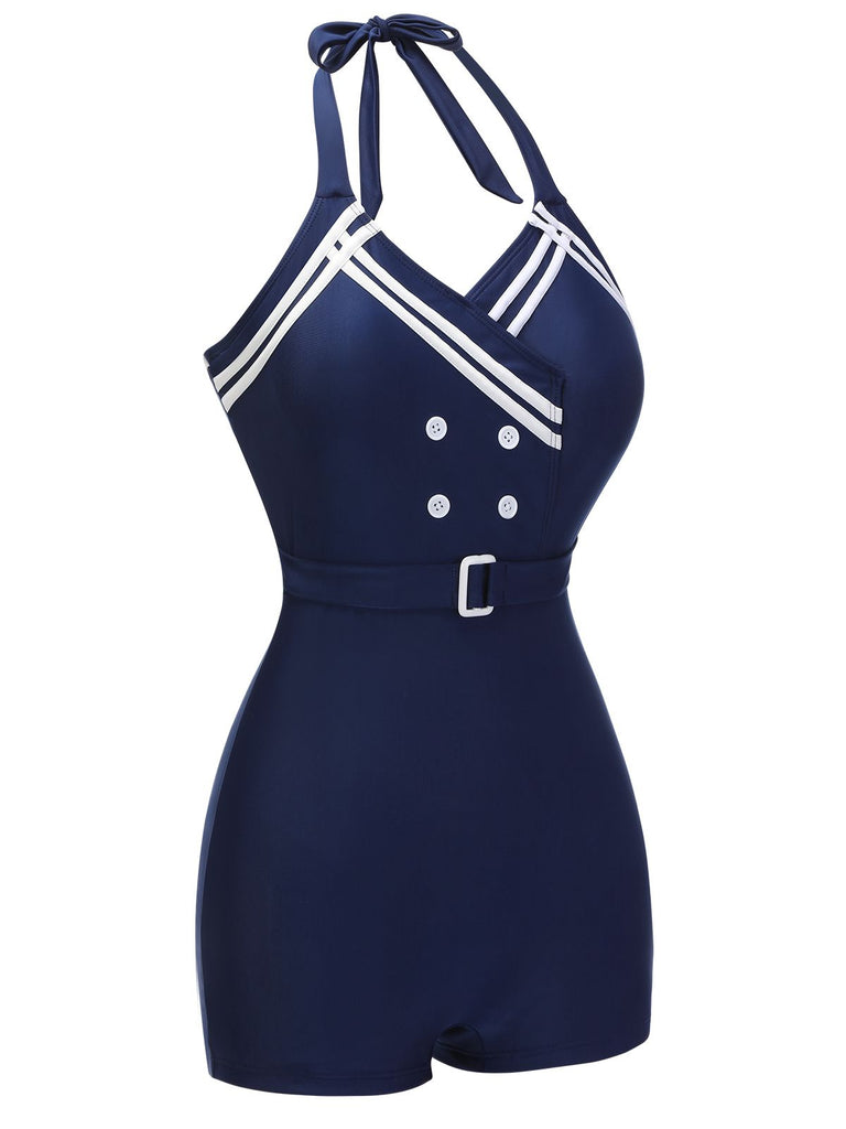 Navy Blue 1950s Solid Belt Button Halter Swimsuit, vintage swimsuit, pin-up swimwear - perfect for women who love vintage and retro fashion