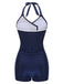 Navy Blue 1950s Solid Belt Button Halter Swimsuit, vintage swimsuit, pin-up swimwear - perfect for women who love vintage and retro fashion