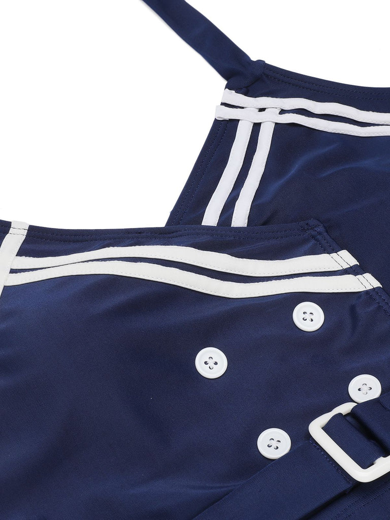 Navy Blue 1950s Solid Belt Button Halter Swimsuit, vintage swimsuit, pin-up swimwear - perfect for women who love vintage and retro fashion