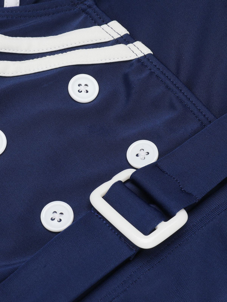 Navy Blue 1950s Solid Belt Button Halter Swimsuit, vintage swimsuit, pin-up swimwear - perfect for women who love vintage and retro fashion