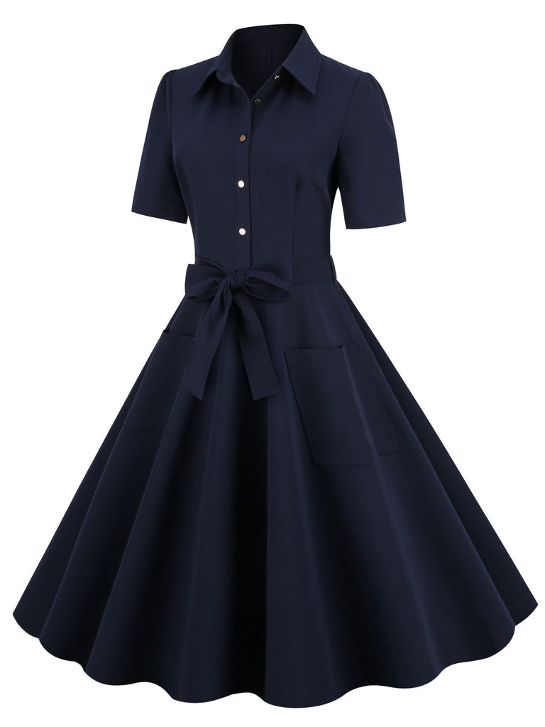 1950s Solid Belt Swing Dress Navy Blue