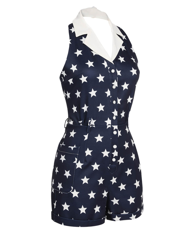 Retro Stage Patriotic Navy Star Print Halter Romper Retro Stage Patriotic Navy Star Print Halter Romper