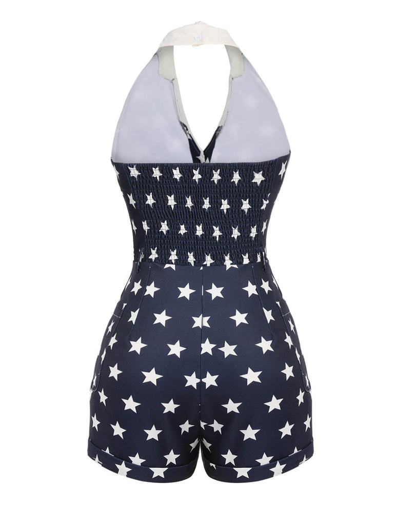 Navy Blue 1950s Stars Lapel Vintage Romper, vintage romper, retro jumpsuit - perfect for women who love vintage and retro fashion