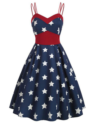 She slips into this Navy Blue 1950s Stars Spaghetti Strap Dress and suddenly it's a 1950s daydream
