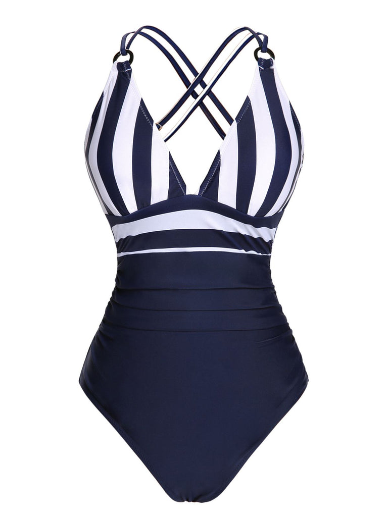 Navy Blue 1950s Stripes Strap Patchwork Swimsuit: timeless style reimagined