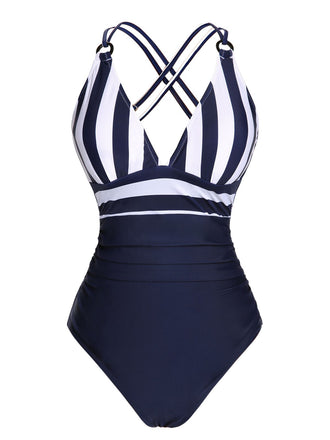 Navy Blue 1950s Stripes Strap Patchwork Swimsuit: timeless style reimagined
