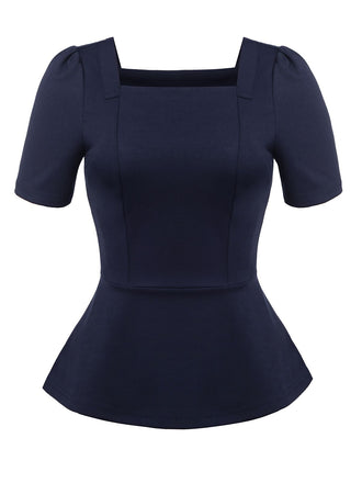 Navy Square Neck Solid Top, classic vintage style elegant retro fashion - Image 1