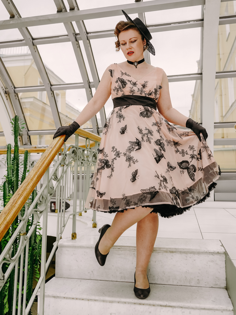 chinese dress ladies Nude 1950s Lace Butterfly Swing Dress