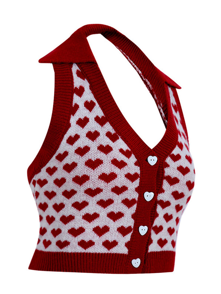 Red 1950s Knitting Heart Halter Button Tops