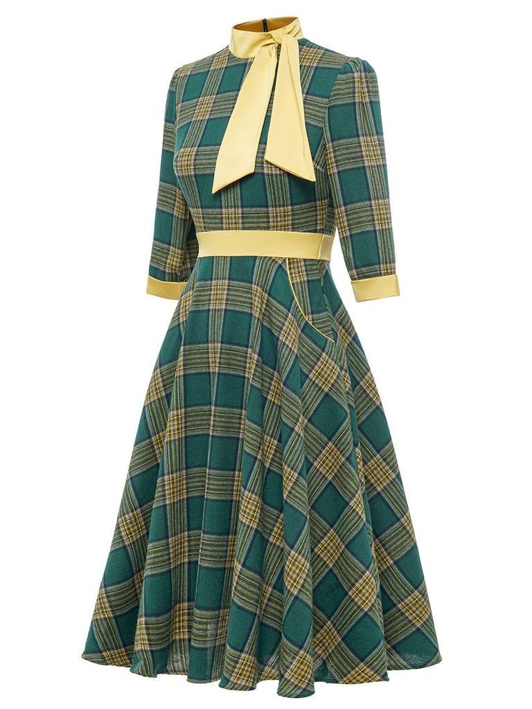 Green 1950s Bowknot Tie Plaid Dress