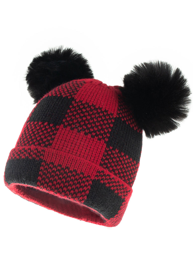 Red & Black Plaid Hairball Knitted Child Hat