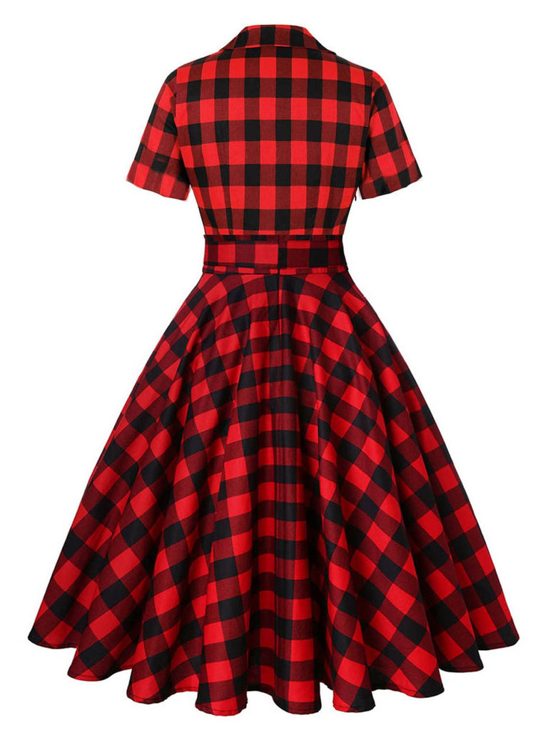 Red 1950s Plaid Bowknot Swing Dress
