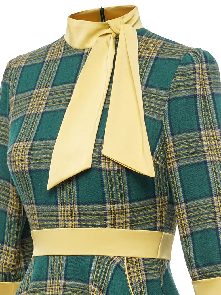 Green 1950s Bowknot Tie Plaid Dress
