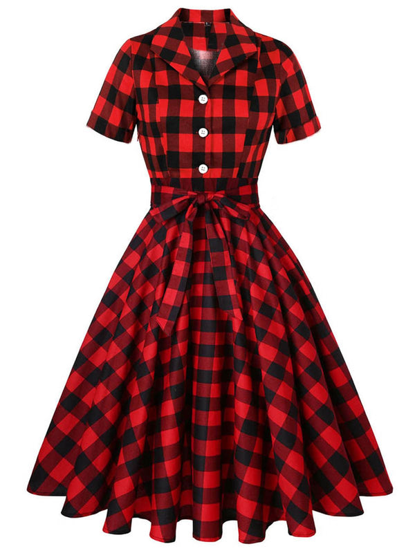 Red 1950s Plaid Bowknot Swing Dress | Retro Stage