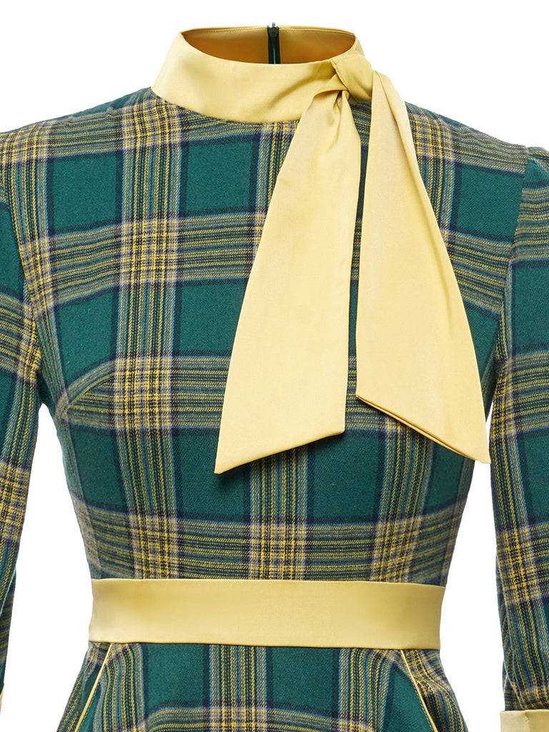 Green 1950s Bowknot Tie Plaid Dress