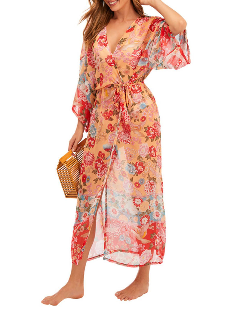 Red Floral Bohemian Lace-Up Cover Up