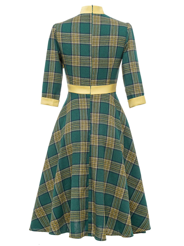 Green 1950s Bowknot Tie Plaid Dress