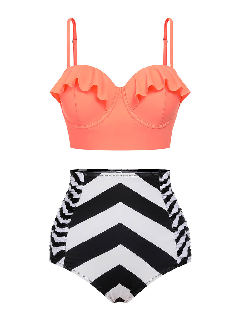 Orange 1940s Stripe Ruffles Strap Swimsuit, vintage swimsuit, pin-up swimwear - perfect for women who love vintage and retro fashion
