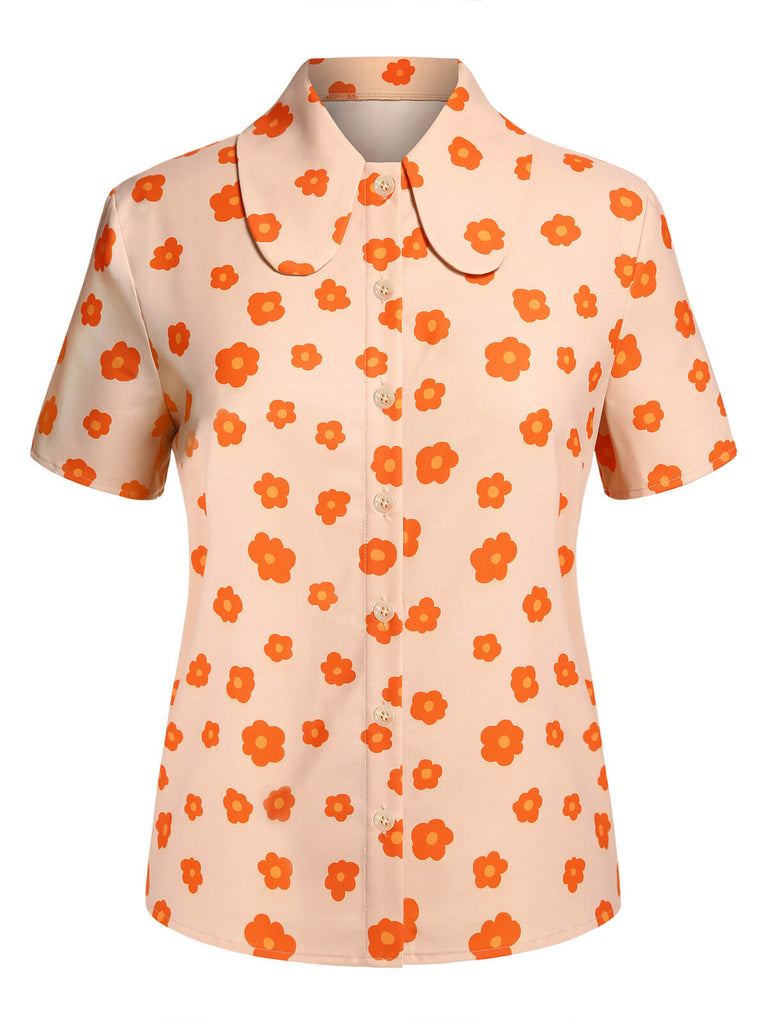 Orange 1960s Floral Short Sleeves Shirt, vintage fashion, retro style - perfect for women who love vintage and retro fashion