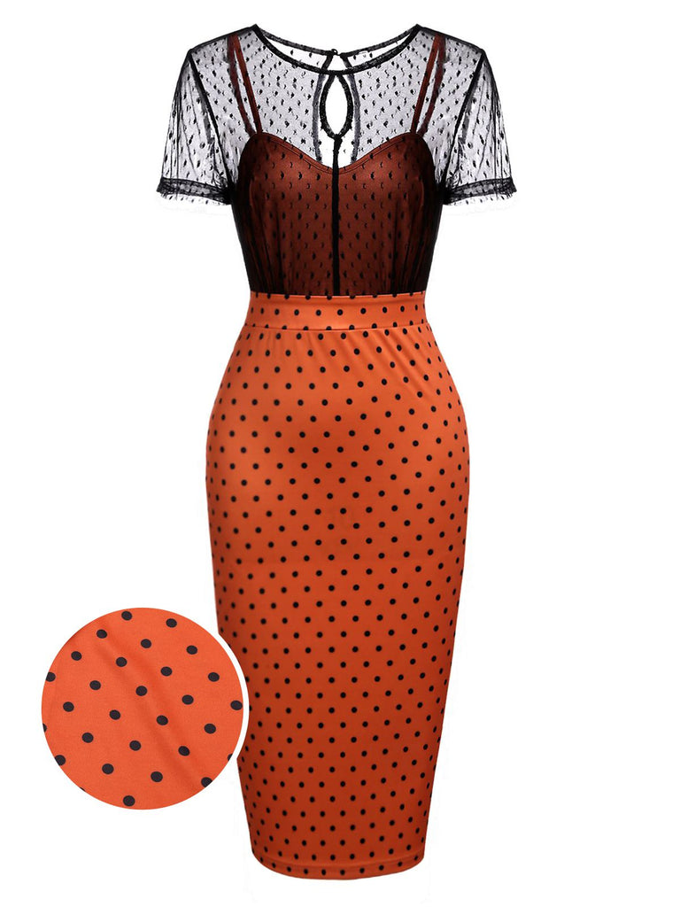 Vintage Illusion Polka Dot Bodycon Dress Orange,XL Vintage Illusion Polka Dot Bodycon Dress Orange,XL