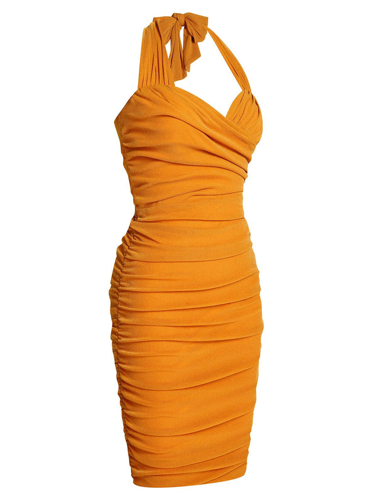 Orange 1960s Solid Folds Halter Pencil Dress, vintage dress, retro fashion - perfect for women who love vintage and retro fashion