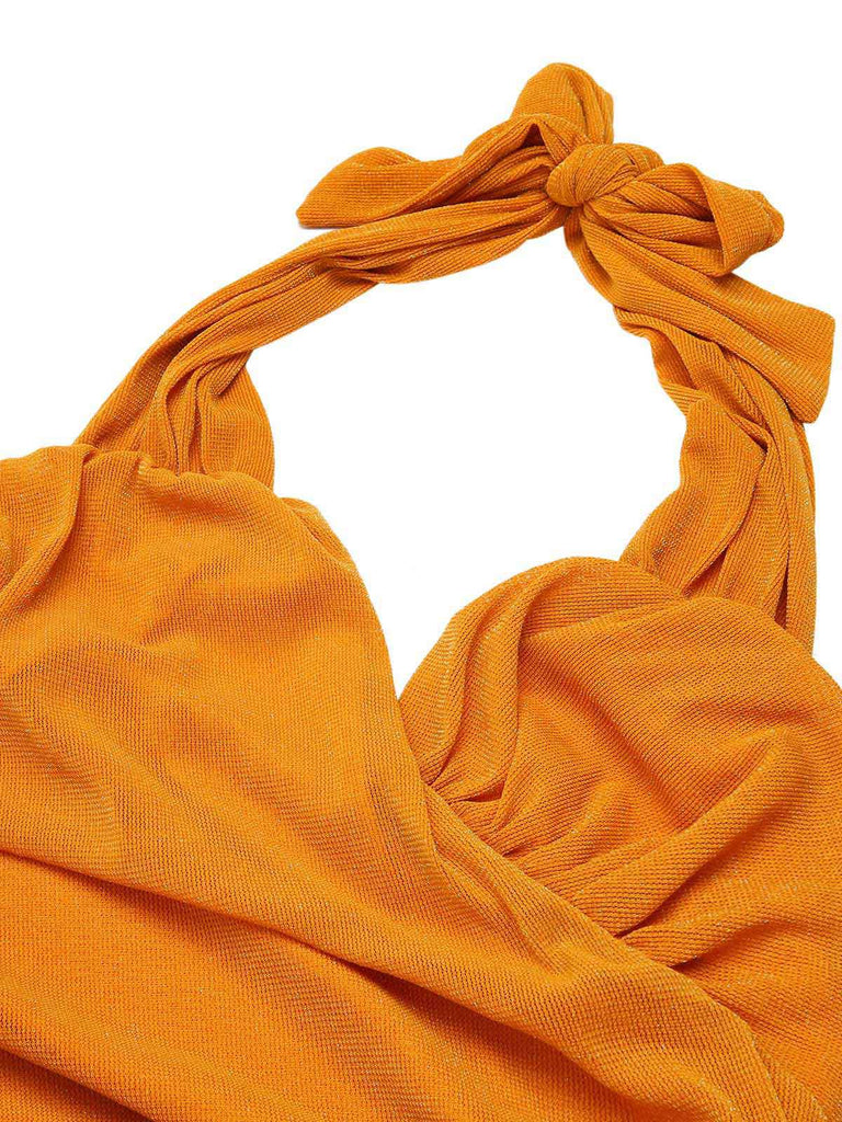 Orange 1960s Solid Folds Halter Pencil Dress, vintage dress, retro fashion - perfect for women who love vintage and retro fashion