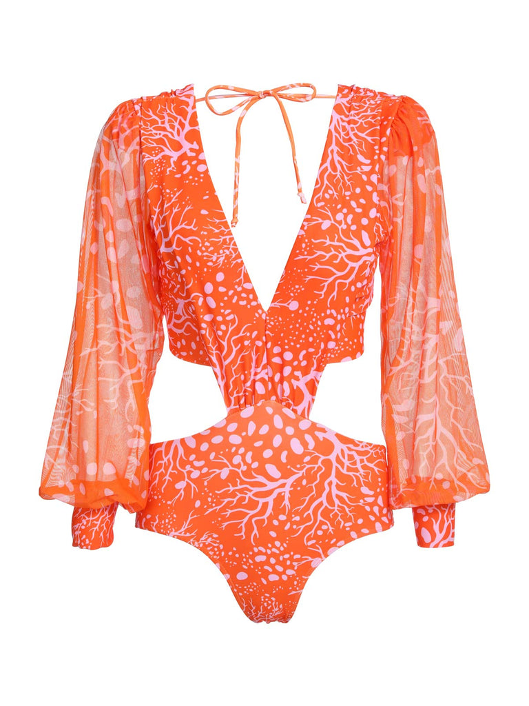 Orange Floral Lace-up One-piece Swimsuit: timeless style reimagined