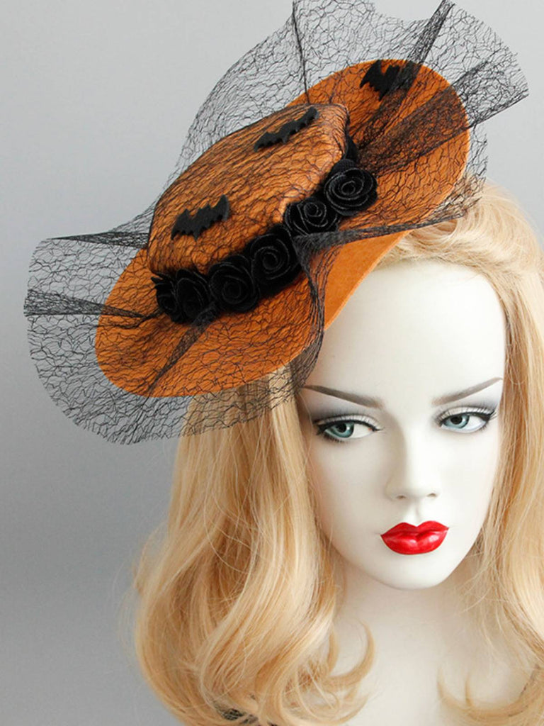 Orange Retro Halloween Lace Bat Hat, vintage fashion, retro style - perfect for women who love vintage and retro fashion